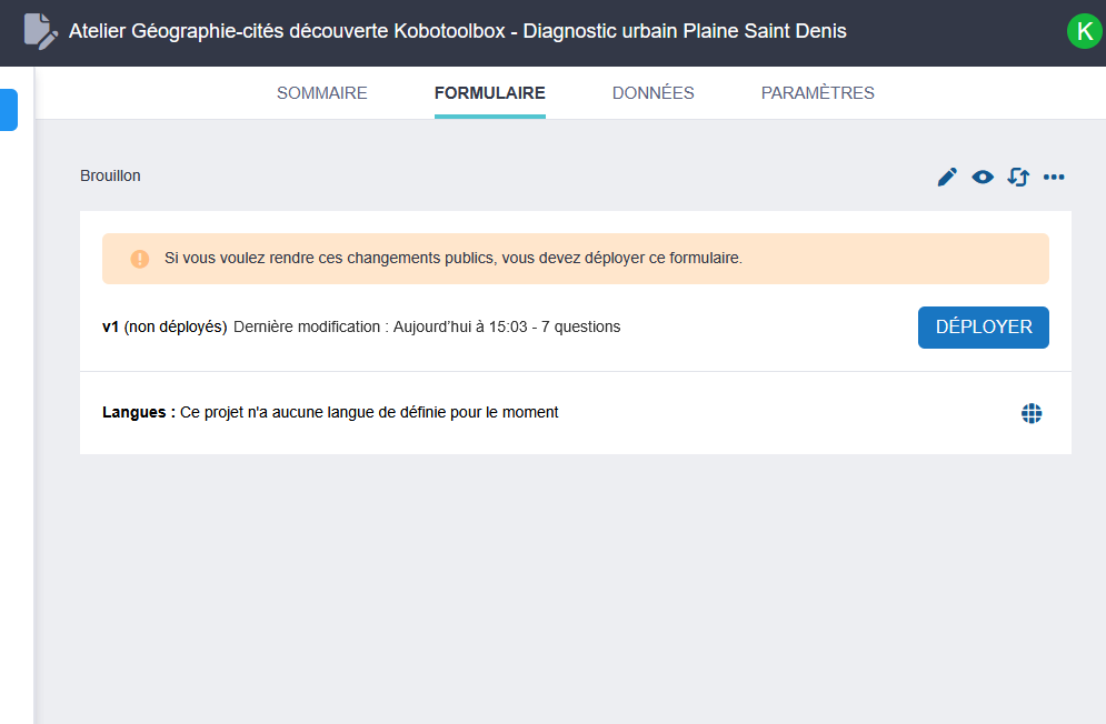 Captures : Bouton de déploiement du formulaire